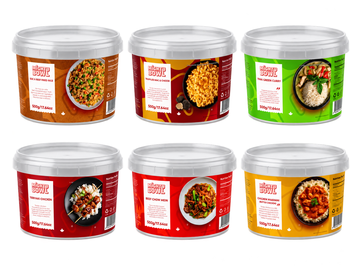 The six Mighty Bowl takeaway meals in their colourful branded tubs